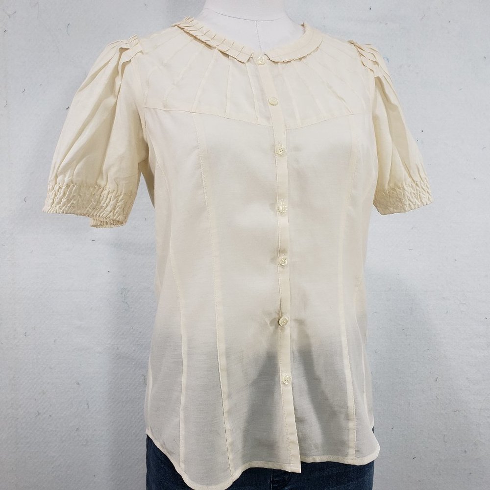 Halogen Silk Cotton Cream Pleated Blouse, Small